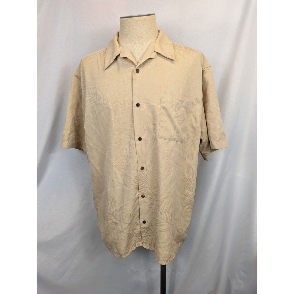 Knightsbridge‎ Shirt XL Beige Tan Leaf Jacquard Button Down Short Sleeve Camp
